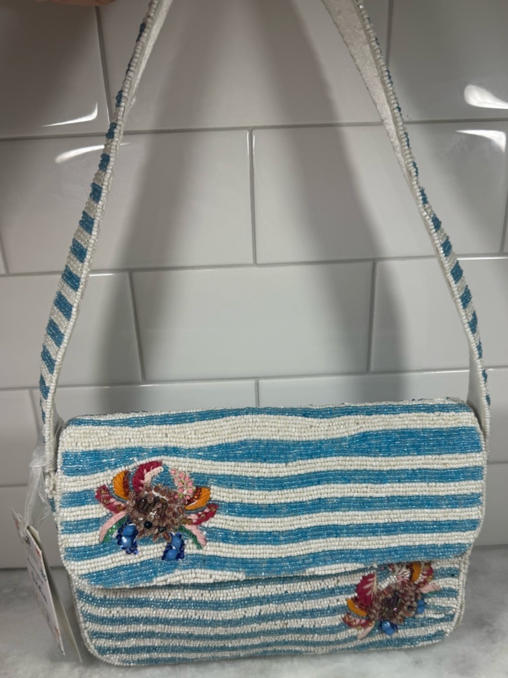 BRAND NEW RELEASE Made In India Viral Beaded Blue White Striped Crab Bag NWT